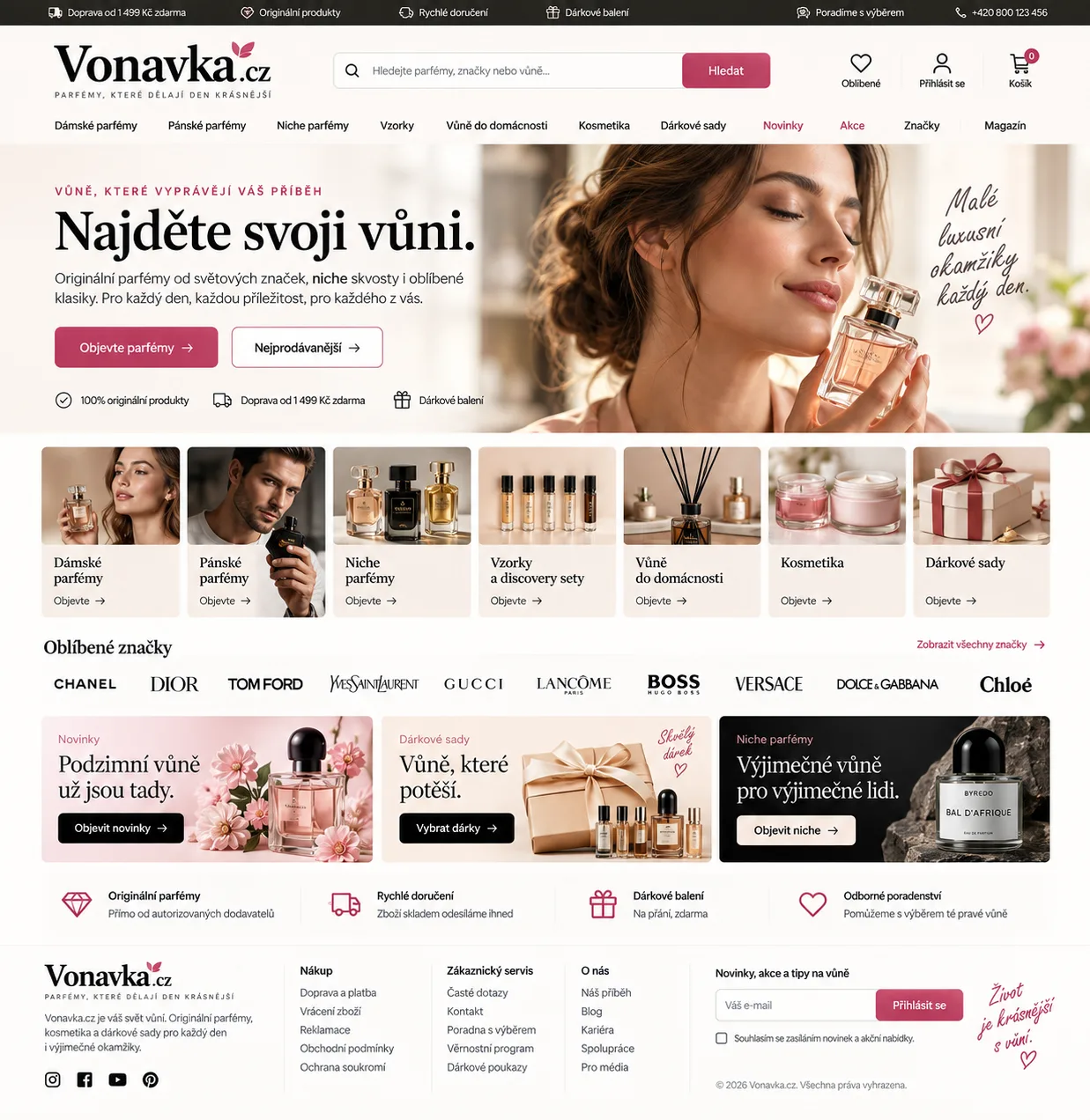 Růžový ilustrační návrh e-shopu Vonavka.cz s parfémy a kosmetikou